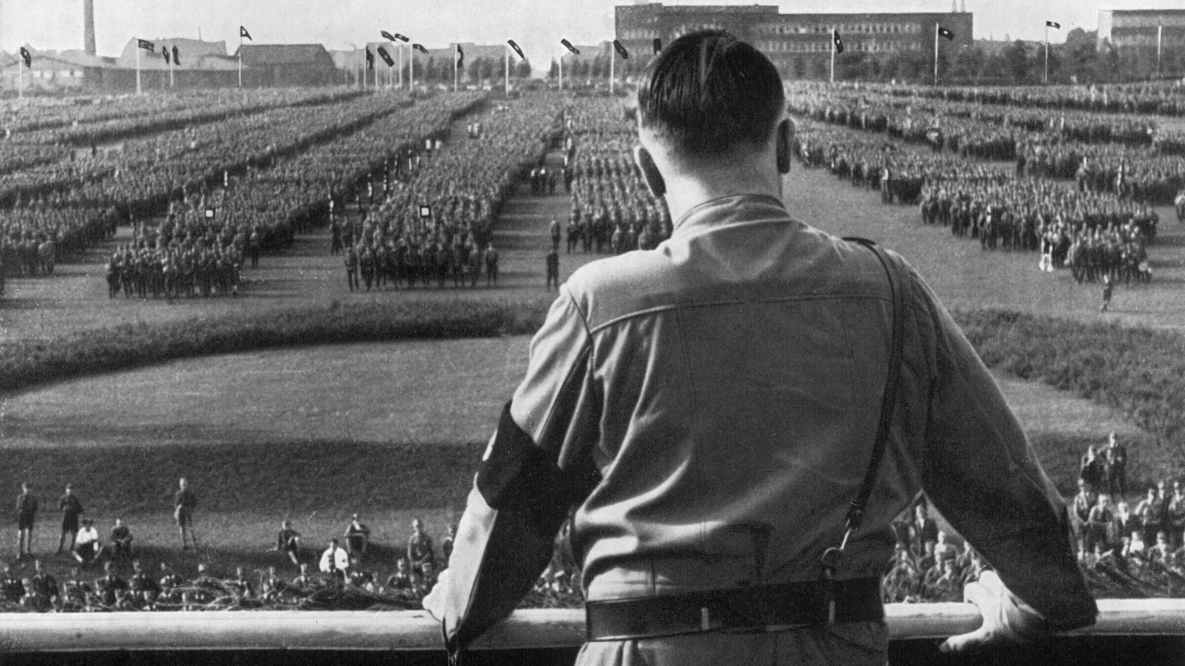 Adolf Hitler addresses soldiers at a Nazi rally in Dortmund, Germany.