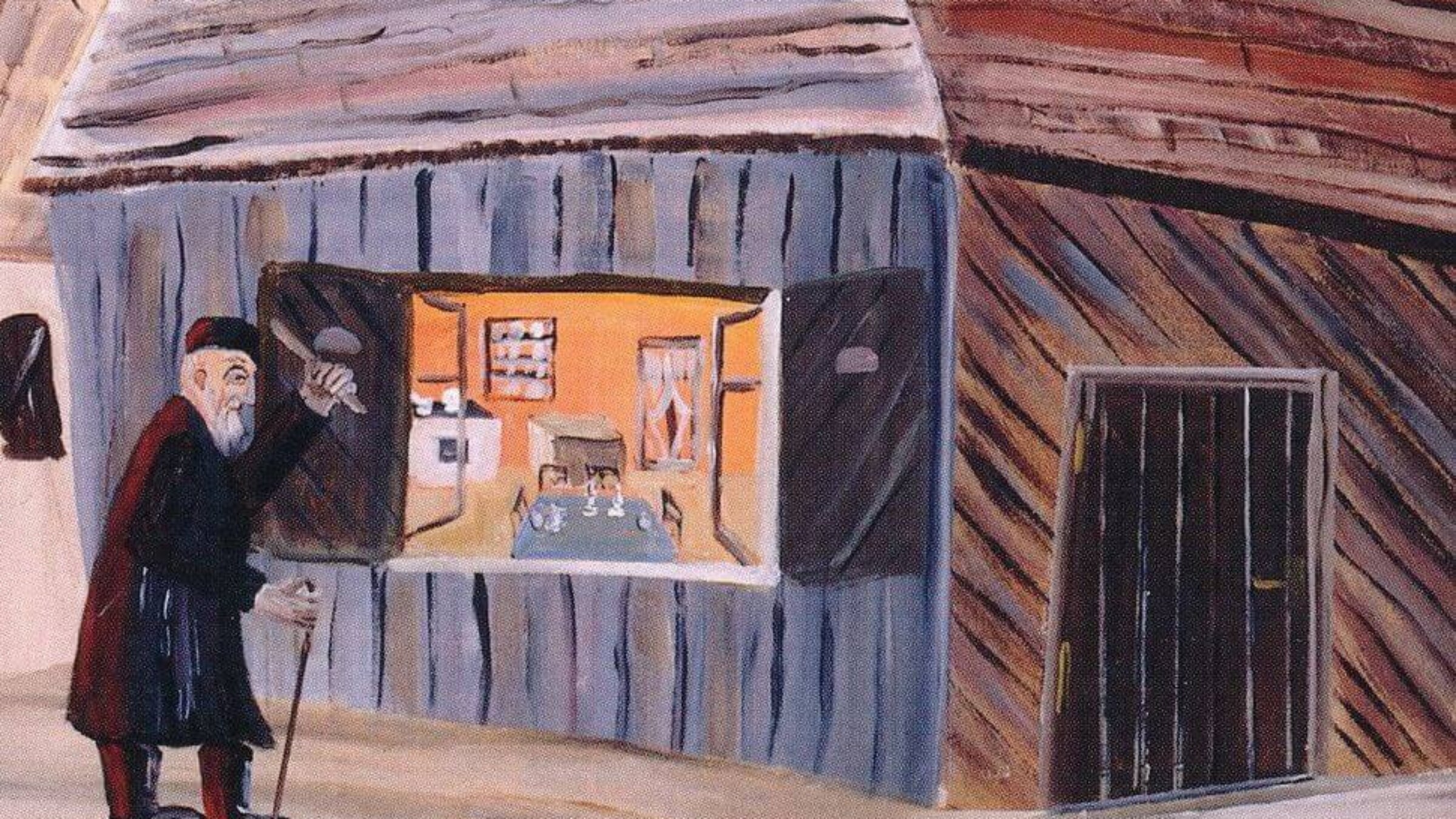“Shulklaper”, c. 1995, from the book, “They Called Me Mayer July: Painted Memories of a Jewish Childhood in Poland Before the Holocaust” 