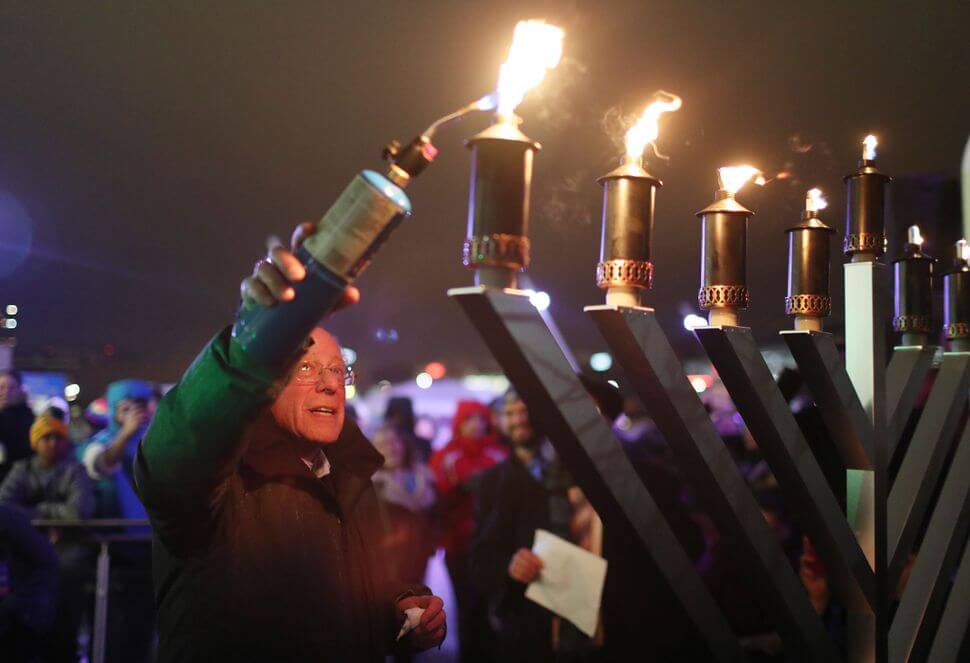 Jewish Senator Bernie Sanders Lights a Menorah