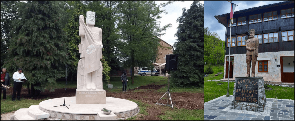 Left: Dragoljub “Draža” Mihailović monument, Bileća (Sarajevo Times). Right: Mihailović monument in Dobrunska Rijeca (Wikimedia Commons).