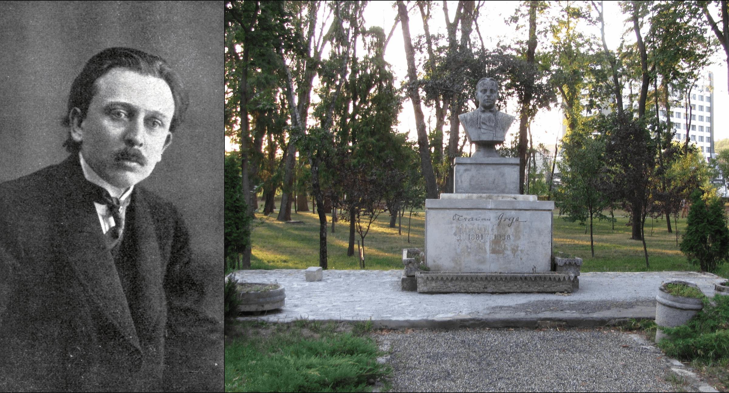 Left: Octavian Goga (Wikimedia Commons). Right: Goga bust at Central Park Simion Bărnuțiu, Cluj-Napoca (Wikimedia Commons). 