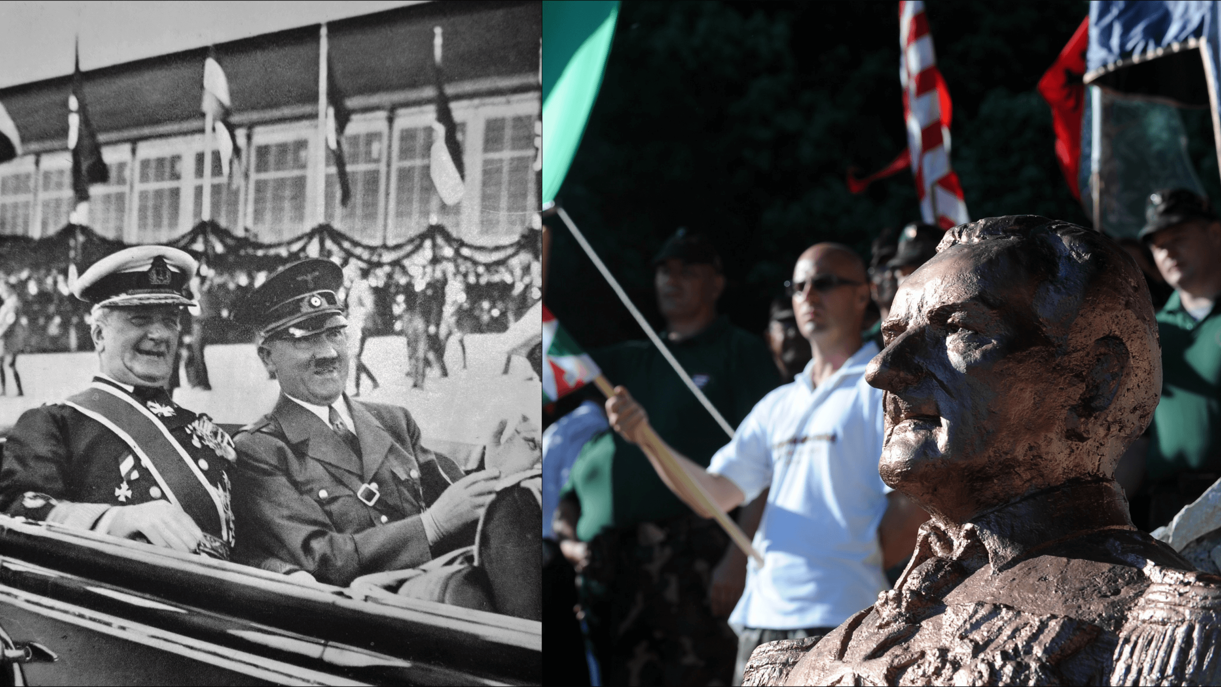 Left: Miklós Horthy with Hitler, 1938 (Wikimedia Commons). Right: far-right rally during unveiling of Horthy bust in Csókakő, June 16, 2012 (Attila Kisbenedek/AFP via Getty Images). 
