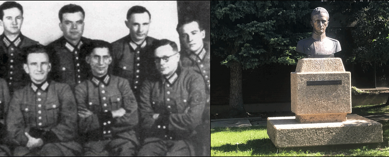 Left: Roman Shukhevych, sitting, second from left, among officers of the 201st Schutzmannschaft Battalion, 1942 (Wikimedia Commons). Right: Shukhevych bust outside the Ukrainian Youth Unity Complex, Edmonton (Duncan Kinney/theprogressreport.ca).