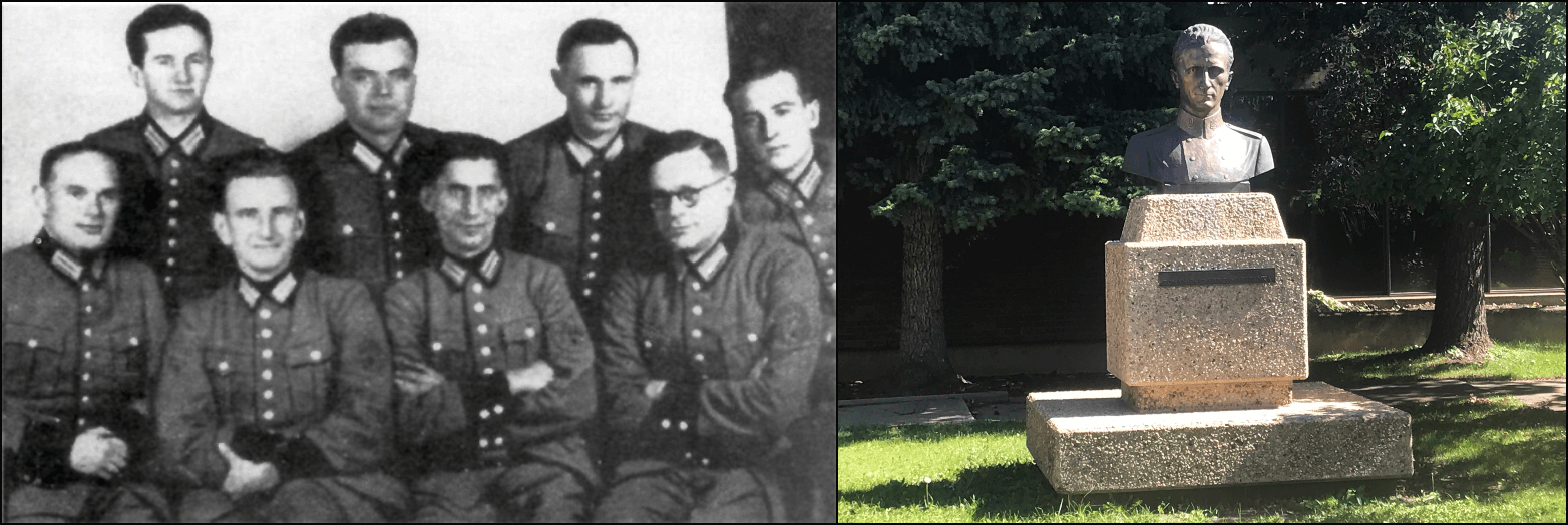 Left: Roman Shukhevych, sitting, second from left, among officers of the 201st Schutzmannschaft Battalion, 1942 (Wikimedia Commons). Right: Shukhevych bust outside the Ukrainian Youth Unity Complex, Edmonton (Duncan Kinney/theprogressreport.ca). 