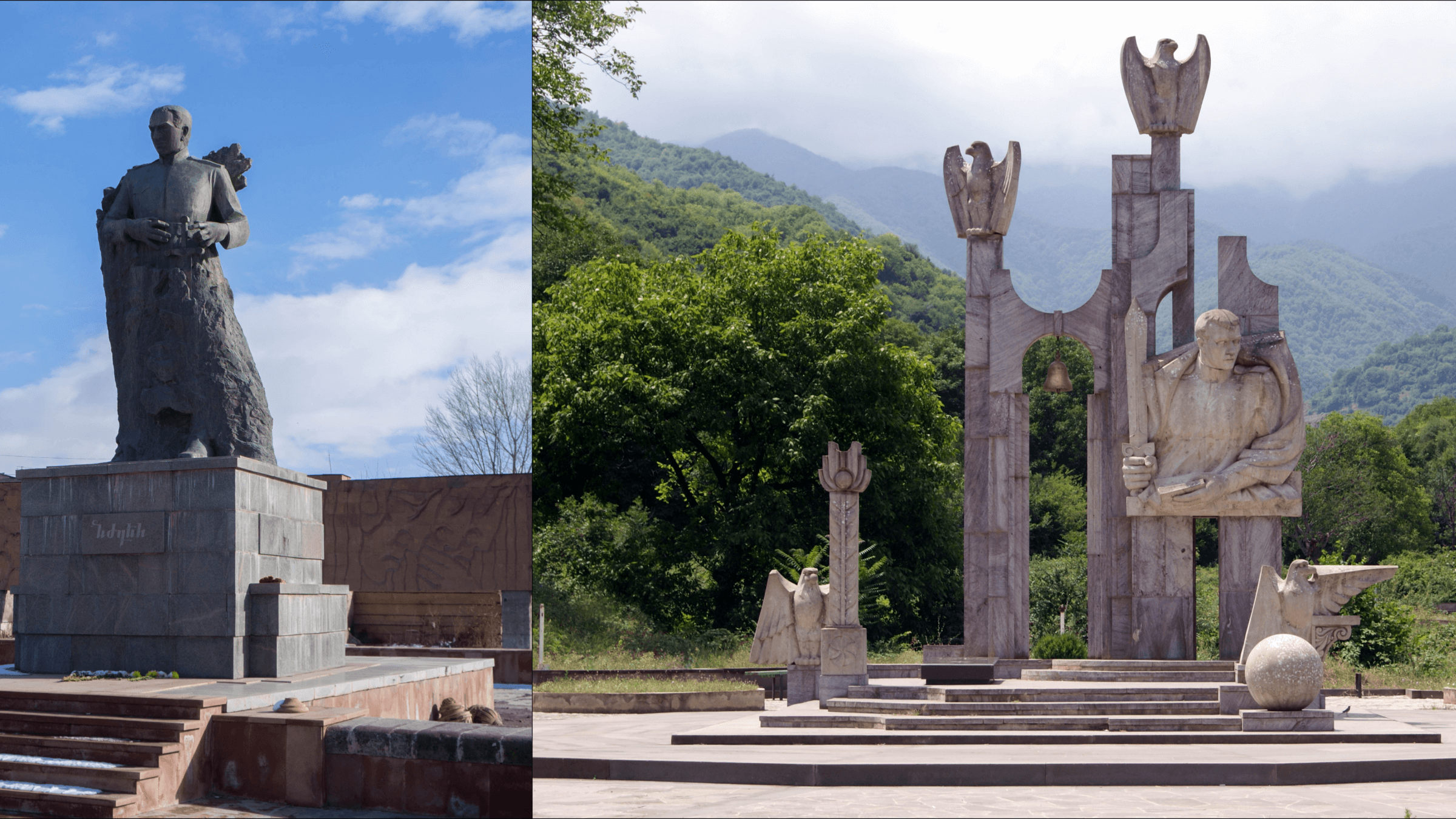 Left: Garegin Nzhdeh monument, Gyumri (Wikimedia Commons). Right: Nzhdeh monument, Kapan (Wikimedia Commons). 