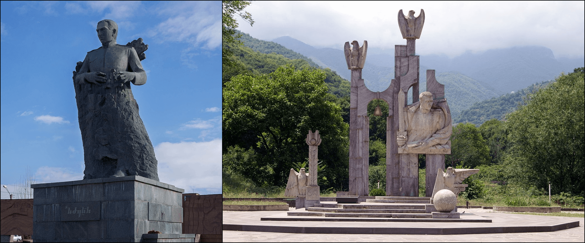 Left: Garegin Nzhdeh monument, Gyumri (Wikimedia Commons). Right: Nzhdeh monument, Kapan (Wikimedia Commons).
