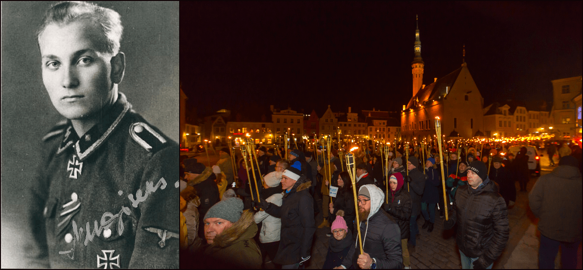 Left: Harald Nugiseks. Right: torchlight march organized by the Conservative People’s Party of Estonia, Tallinn, February 24, 2020 (Ivo Panasyuk/AFP via Getty Images). 