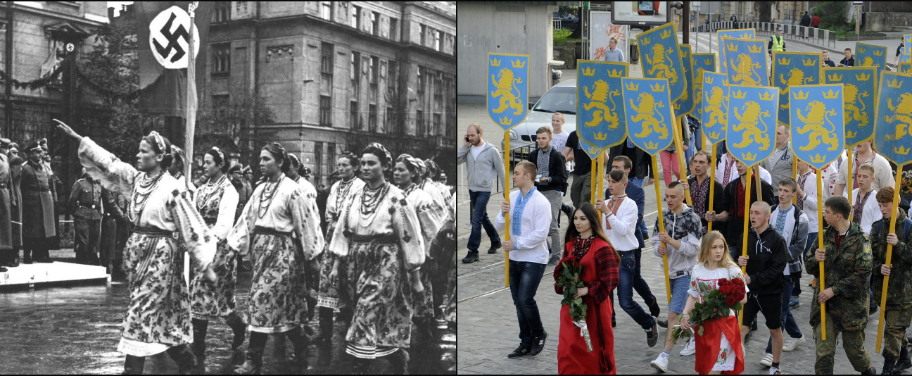 Left: parade honoring Third Reich Governor-General of Poland Hans Frank, Stanislaviv (now Ivano-Frankivsk), October 1941 (Wikimedia Commons). Right: march commemorating the establishment of the 14th Waffen Grenadier Division of the SS (1st Galician), L’viv, April 28, 2014 (Yuri Dyachyshyn/AFP via Getty Images).