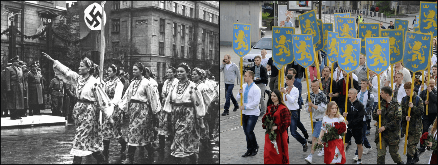 Left: parade honoring Third Reich Governor-General of Poland Hans Frank, Stanislaviv (now Ivano-Frankivsk), 1941 (Wikimedia Commons). Right: march commemorating the establishment of the 14th Waffen Grenadier Division of the SS (1st Galician), L’viv, April 28, 2014 (Yuri Dyachyshyn/AFP via Getty Images).