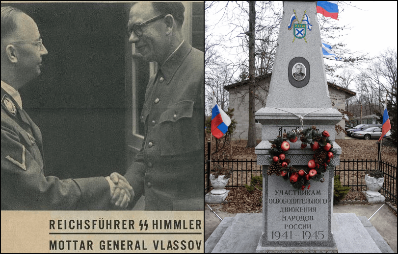 Left: Andrey Vlasov, right, with Reichsführer-SS Heinrich Himmler (Wikimedia Commons). Right: monument to Vlasov and the Russian Liberation Army (ROA), Novo-Diveyevo Russian Orthodox Convent, Nanuet, N.Y. (Wikimedia Commons).
