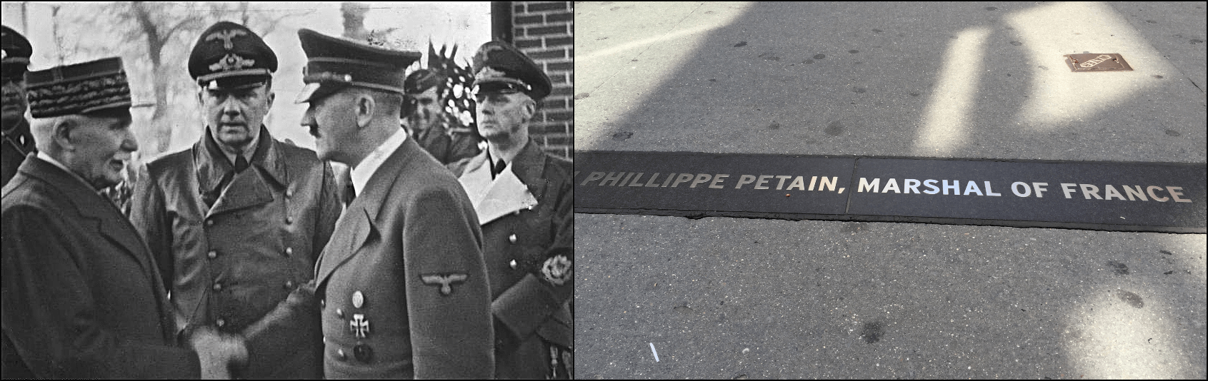 Left: Philippe Pétain, left, with Hitler, Montoire-sur-le-Loir, France, October 24, 1940 (Bundesarchiv, Bild 183-H25217 via Wikimedia Commons). Right: Pétain plaque, Broadway, New York (Catherine Triomphe/AFP via Getty Images).