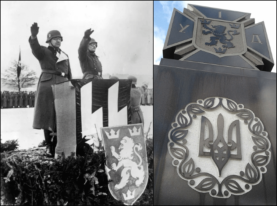 Left: Ceremony conducted by the 14th Waffen Grenadier Division of the SS (1st Galician). Right: SS Galichina monument at the St. Volodymyr Ukrainian Cemetery, Oakville.