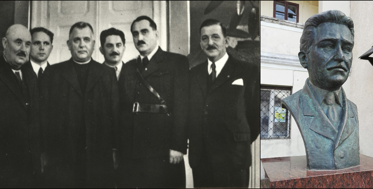 Left: Ferdinand Ďurčanský, fourth from left, with Jozef Tiso, third from left (Alchetron). Right: Ďurčanský bust, Rajec (Wikimedia Commons). 