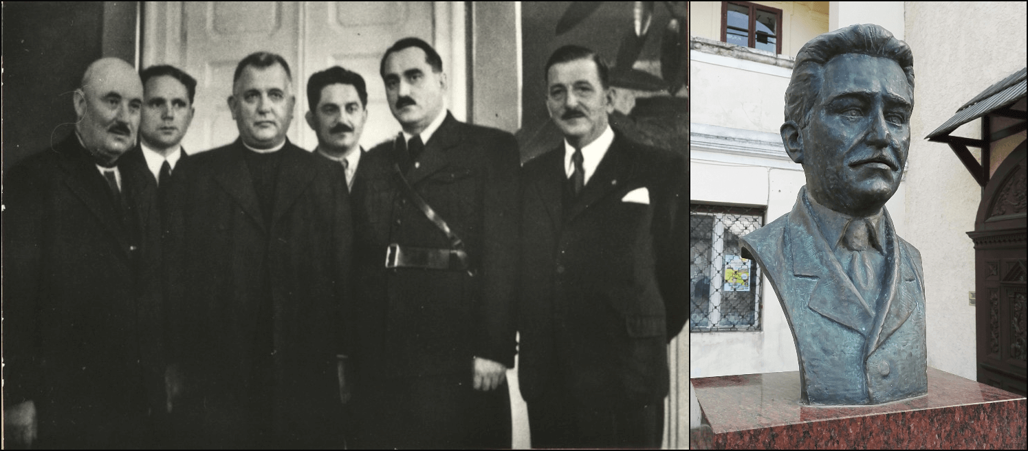 Left: Ferdinand Ďurčanský, fourth from left, with Jozef Tiso, third from left (Alchetron). Right: Ďurčanský bust, Rajec (Wikimedia Commons). 