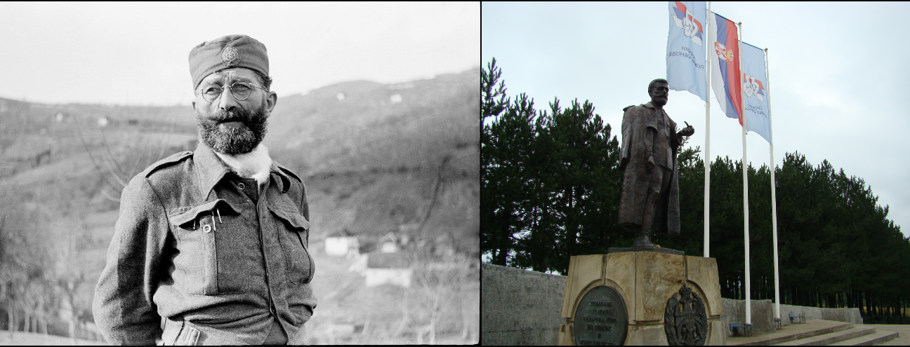 Left: Dragoljub “Draža” Mihailović, 1942/1943 (Wikimedia Commons). Right: Mihailović monument, Ravna Gora (Wikimedia Commons). 