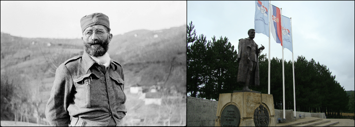 Left: Dragoljub “Draža” Mihailović, 1942/1943 (Wikimedia Commons). Right: Mihailović monument, Ravna Gora (Wikimedia Commons).