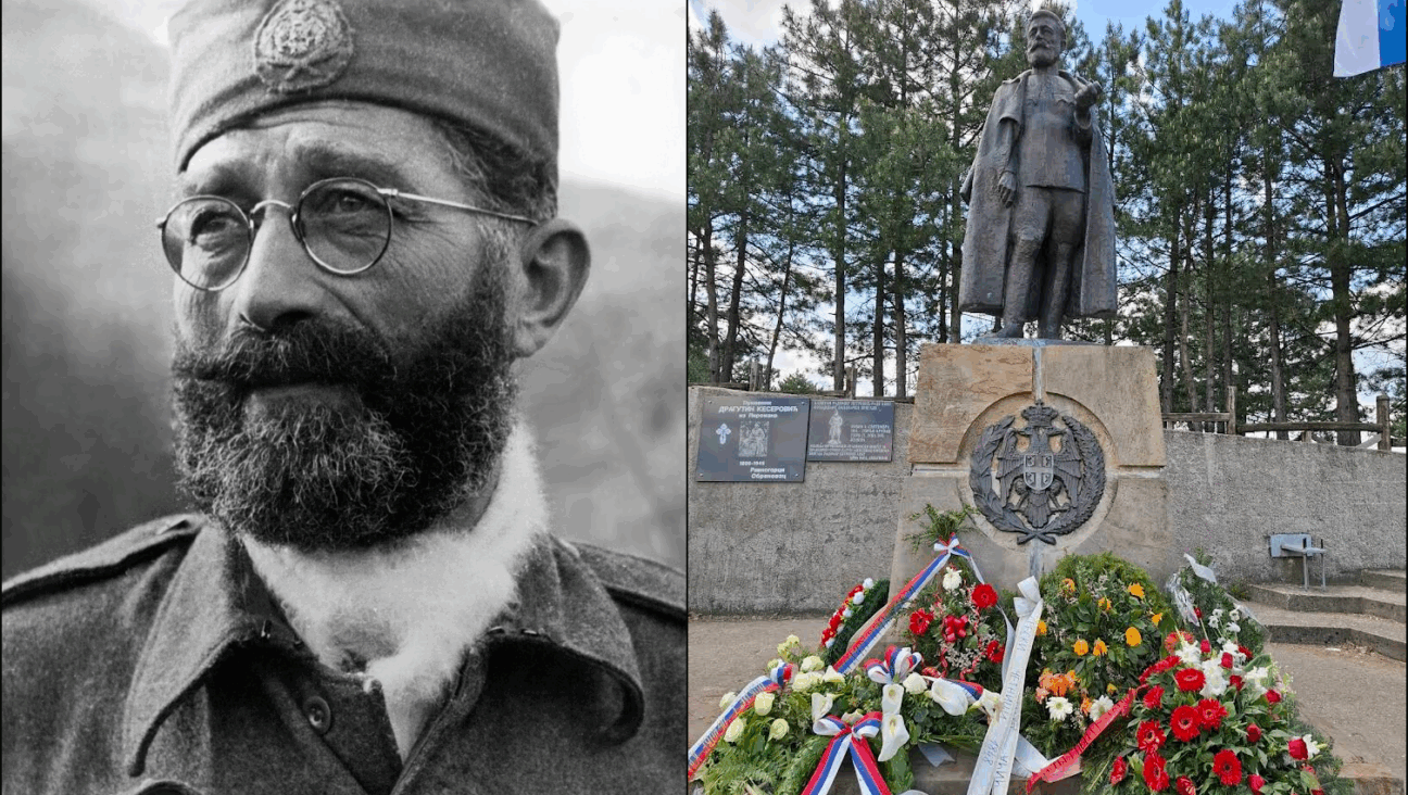Left: Dragoljub “Draža” Mihailović, 1943 (Wikimedia Commons). Right: Mihailović monument, Ravna Gora (Google Maps).