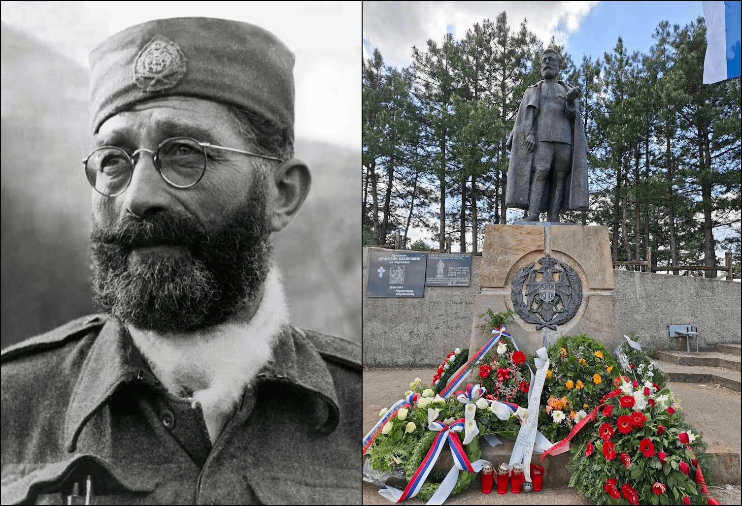 Left: Dragoljub “Draža” Mihailović, 1943 (Wikimedia Commons). Right: Mihailović monument, Ravna Gora (Google Maps).
