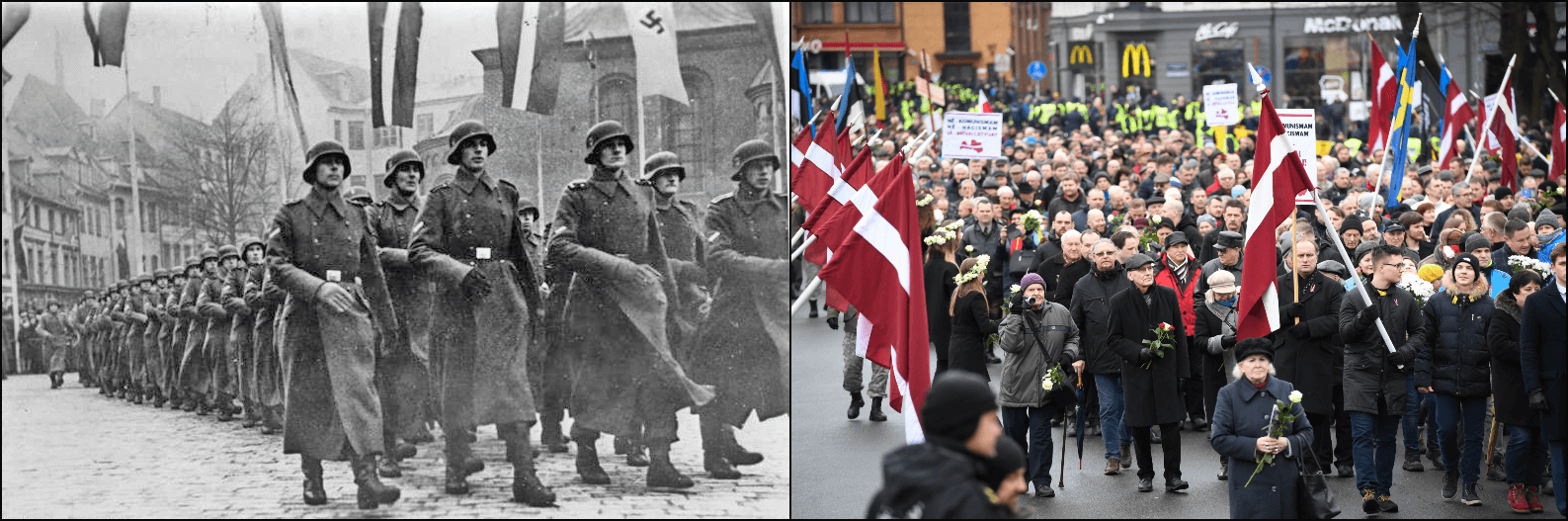 Left: Latvian SS volunteers parade, Riga, December 2, 1943 (Bundesarchiv, Bild 183-J16133 via Wikimedia Commons). Right: veterans of the Latvian Legion during Remembrance Day of the Latvian Legionnaires march, Riga, March 16, 2019 (Ilmars Znotins/AFP via Getty Images). 