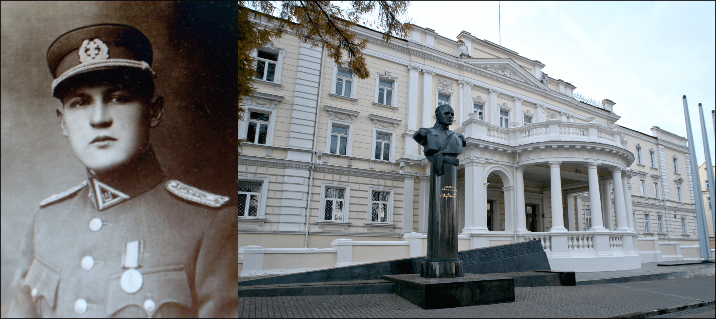 Left: Jonas Žemaitis-Vytautas (Wikimedia Commons). Right: Žemaitis-Vytautas bust outside the Ministry of National Defense of Lithuania, Vilnius (Wikimedia Commons). 