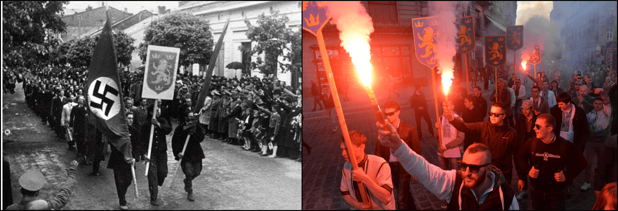 Left: SS Galichina recruitment march, most likely in Stanislaviv (now Ivano-Frankivsk), 1943. Right: neo-Nazi march on the 73rd anniversary of SS Galichina’s founding, L’viv, April 28, 2016 (Yuriy Dyachyshyn/AFP via Getty Images). 