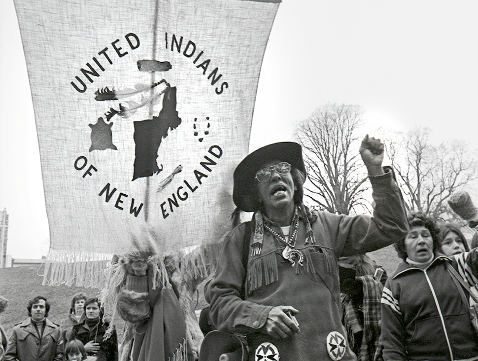 Wampanoag activist Frank James speaks at one of the first National Day of Mourning protests in the 1970s. 