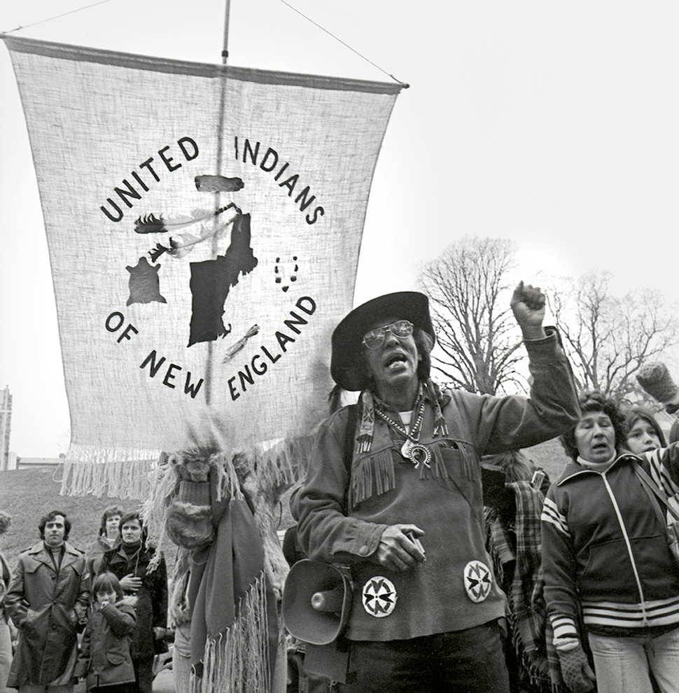 Wampanoag activist Frank James speaks at one of the first National Day of Mourning protests in the 1970s. 