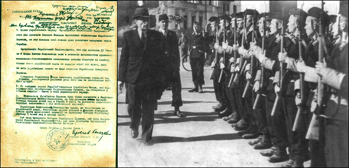 Left: Yaroslav Stetsko’s signature on the June 30, 1941 proclamation of the establishment of the Nazi collaborationist government by the Stepan Bandera faction of the Organization of Ukrainian Nationalists (OUN-B); the government was headed by Stetsko (Wikimedia Commons). Right: Radasłaŭ Astroŭski inspecting Belarusian auxiliary police (Wikimedia Commons).  