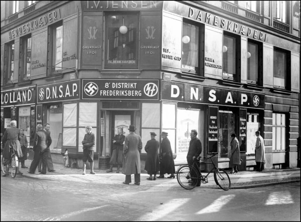 National Socialist Workers’ Party of Denmark headquarters, Copenhagen, 1940/1942 (Nationalmuseet – National Museum of Denmark via Wikimedia Commons).