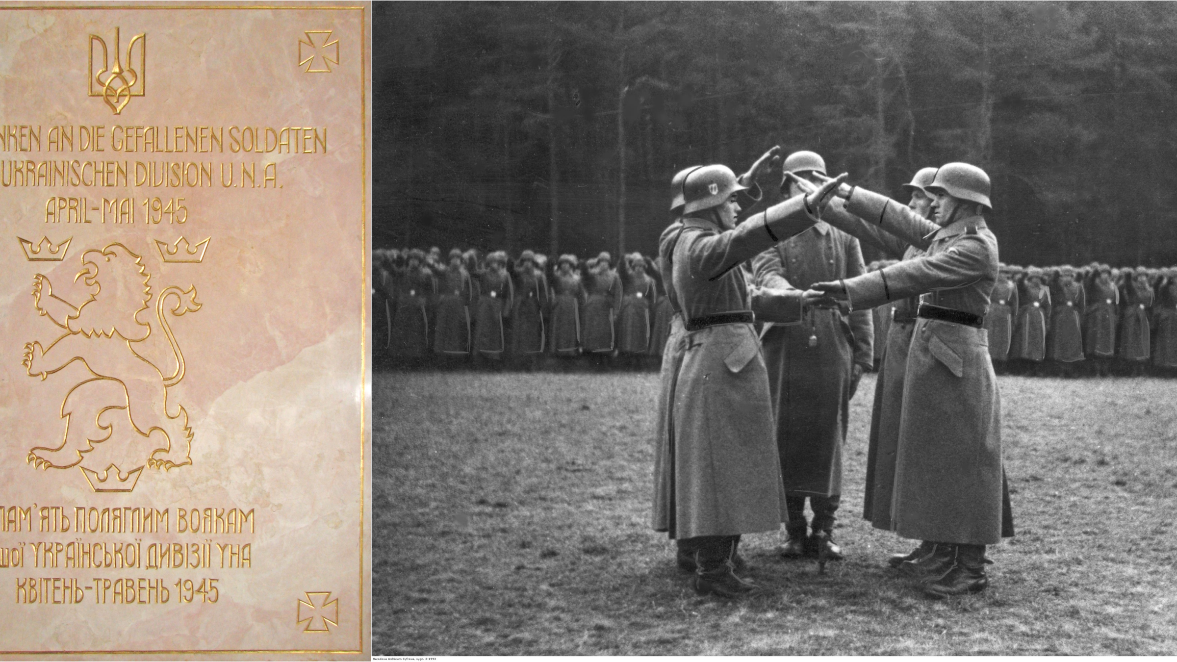 Left: SS Galichina plaque inside the Alte Kirche, Feldbach (Wikimedia Commons). Right: SS Galichina soldiers entering the division taking oaths, April 1943 (National Digital Archives Poland).