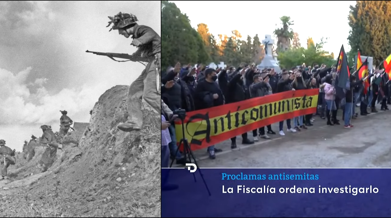 Left: Blue Division soldiers in the Soviet Union, 1943 (Wikimedia Commons). Right: neo-Nazi rally organized by Juventud Patriota de Madrid, Madrid, February 13, 2021 (Screenshot/YouTube). 
