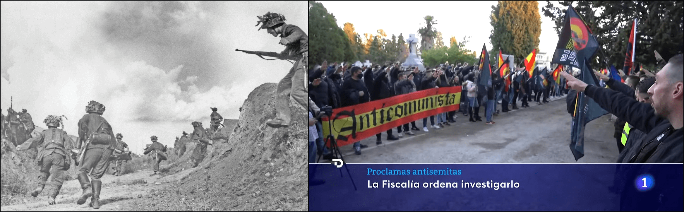 Left: Blue Division soldiers in the Soviet Union, 1943 (Wikimedia Commons). Right: neo-Nazi rally organized by Juventud Patriota de Madrid, Madrid, February 13, 2021 (Screenshot/YouTube). 