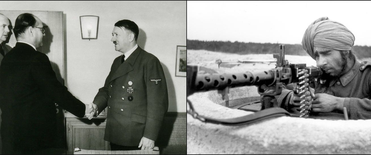 Left: Subhas Chandra Bose, middle, meeting Hitler in East Prussia, Germany May 27, 1942 (Wikimedia Commons). Right: German propaganda photo of Indian Legion soldier near Bordeaux, France, March 21, 1944 (Bundesarchiv, Bild 101I-263-1580-06/Wette via Wikimedia Commons). 