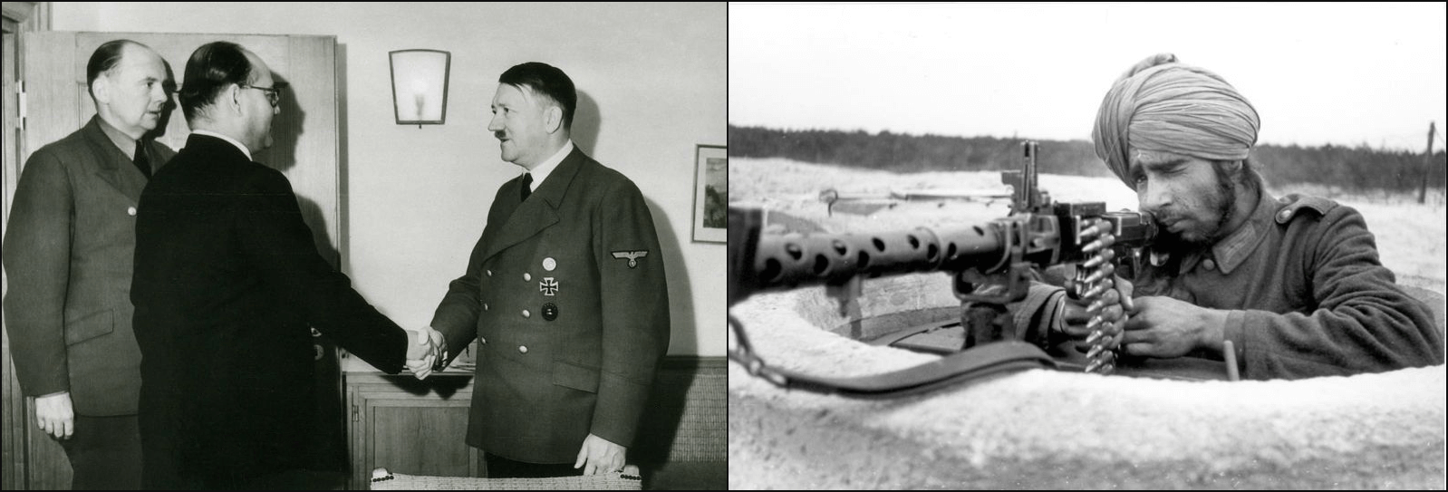 Left: Subhas Chandra Bose, middle, meeting Hitler in East Prussia, Germany May 27, 1942 (Wikimedia Commons). Right: German propaganda photo of Indian Legion soldier near Bordeaux, France, March 21, 1944 (Bundesarchiv, Bild 101I-263-1580-06/Wette via Wikimedia Commons). 