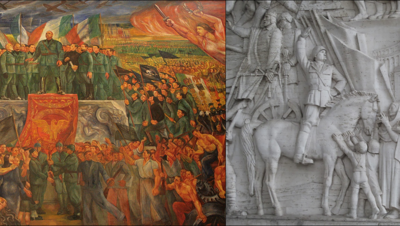 Left: detail of “The Apotheosis of Fascism” fresco at the Palazzo H headquarters of the Italian National Olympic Committee, Rome (Nick Carter). Right: detail of “A History of Rome Through Its Public Works” bas-relief on the Palazzo degli Uffici, Rome (So Much More to See/somuchmoretosee.com).