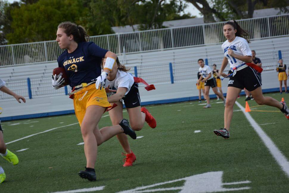 Because many schools schedule their flag football games on Friday night and Saturday, Jewish teams’ most frequent opponents are each other. Here, a student from Scheck Hillel Community School in Miami, Fl., pursues a ball carrier from David Posnack Jewish Day School, of nearby Davie.
