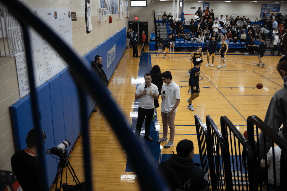 MacsLive broadcasters Daniel Melool and Asher Dauer host the MacsLive pregame show before the Sarachek tournament semifinal game.
