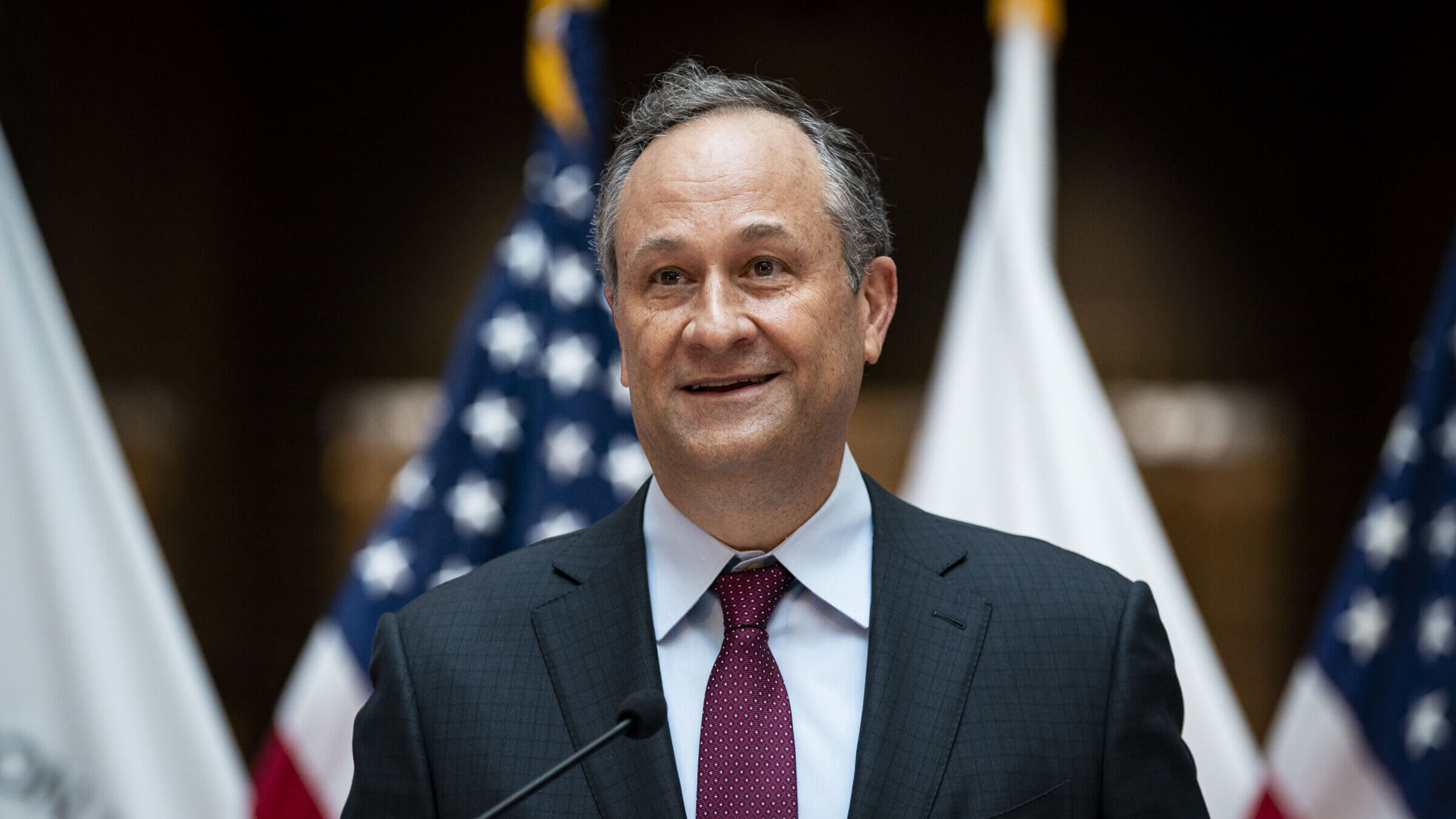Second Gentleman Doug Emhoff, pictured speaking U.S. Department of Transportation in January, addressed an interfaith iftar dinner in Washington, D.C. Thursday night.