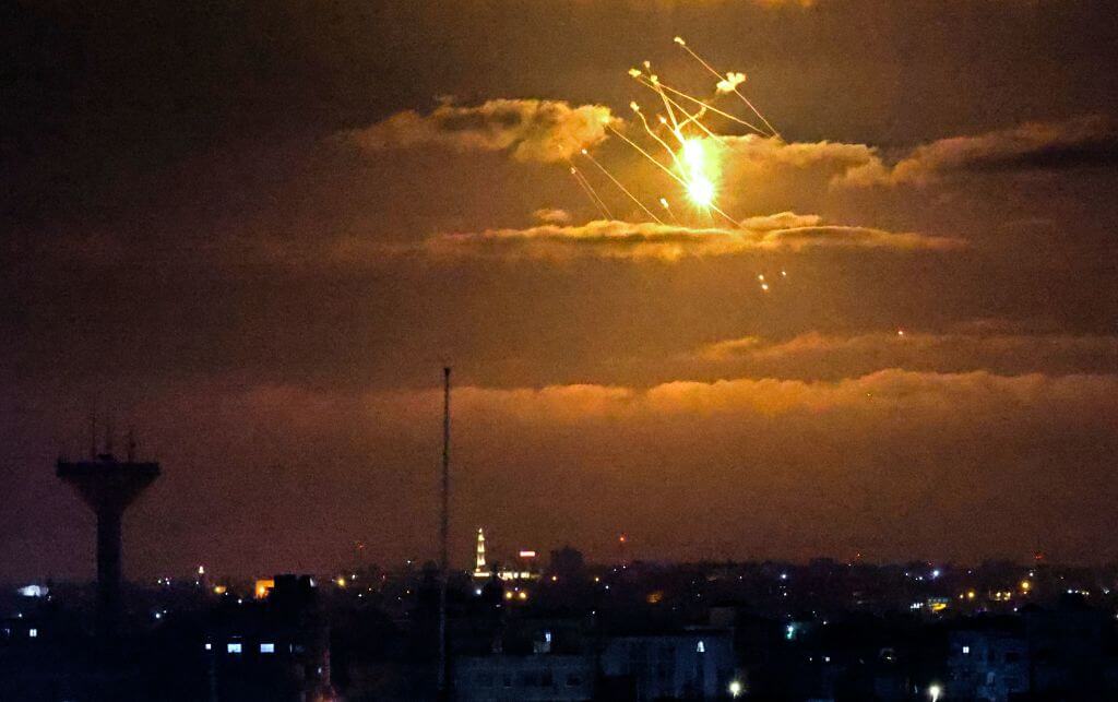 Israeli Iron Dome missiles intercept incoming missiles fired from the Gaza Strip above the Palestinian enclave, on April 21, 2022.