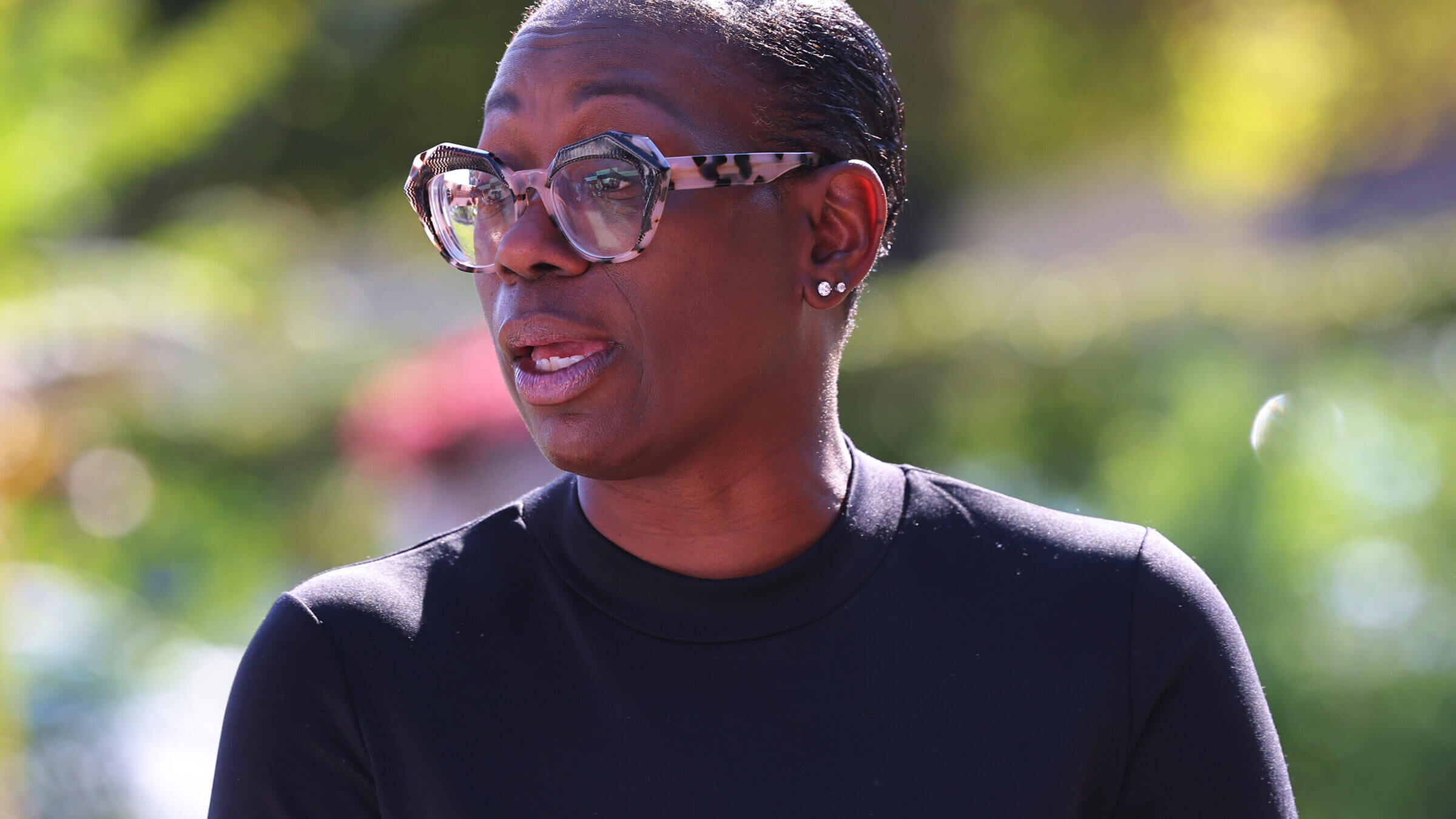  Congressional candidate Nina Turner speaks during a 'Get Out the Vote' canvassing event on August 02, 2021 in Cleveland, Ohio.