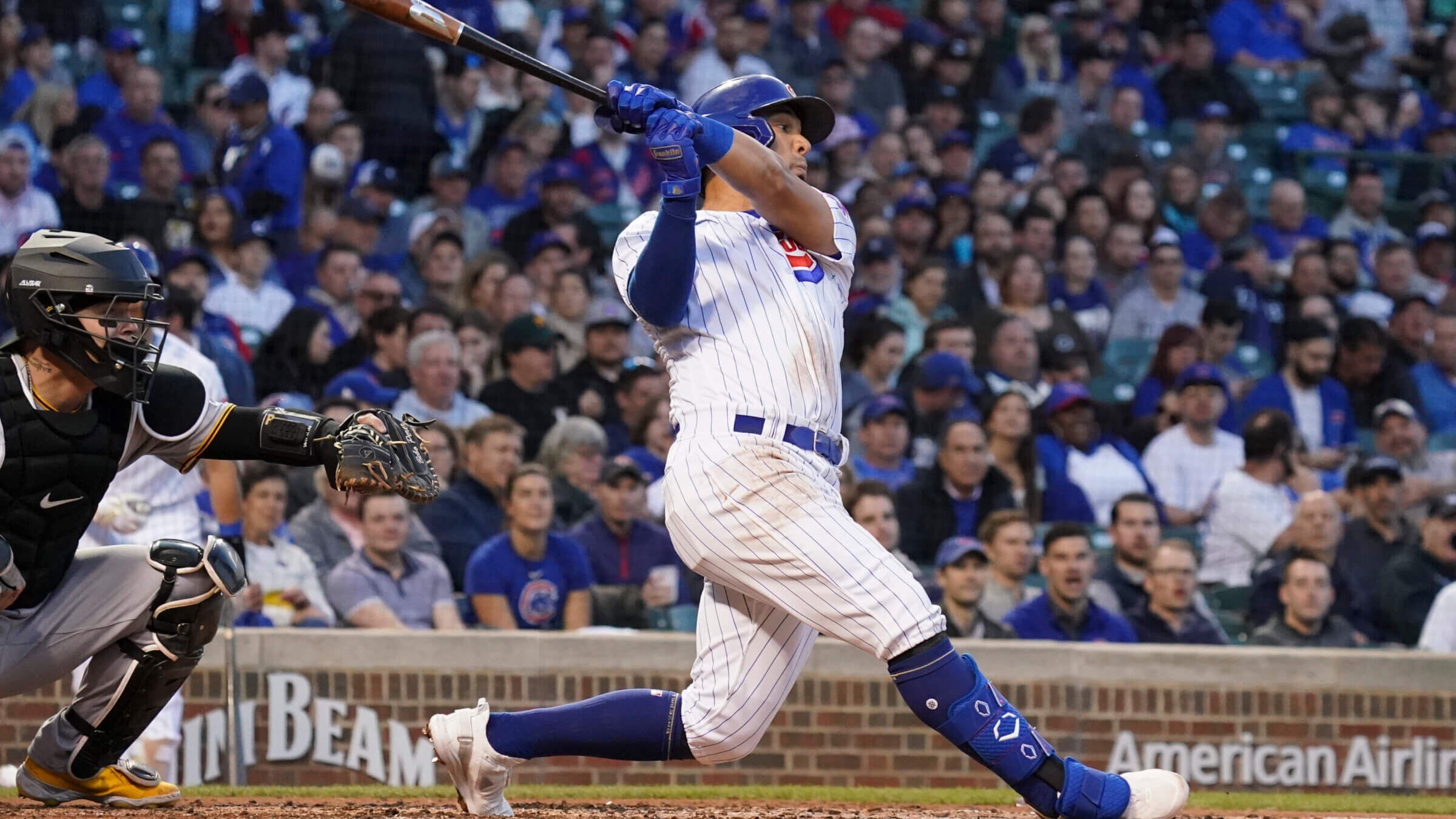 Rafael Ortega bats at Wrigley Field on April 21, 2022 in Chicago, Illinois. Photo by Nuccio DiNuzzo/Getty Images
