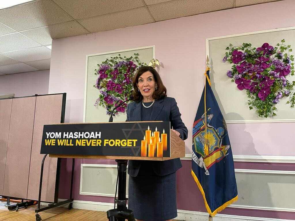 Gov. Kathy Hochul speaks after meeting with Holocaust survivors in Brooklyn on April 27, 2022