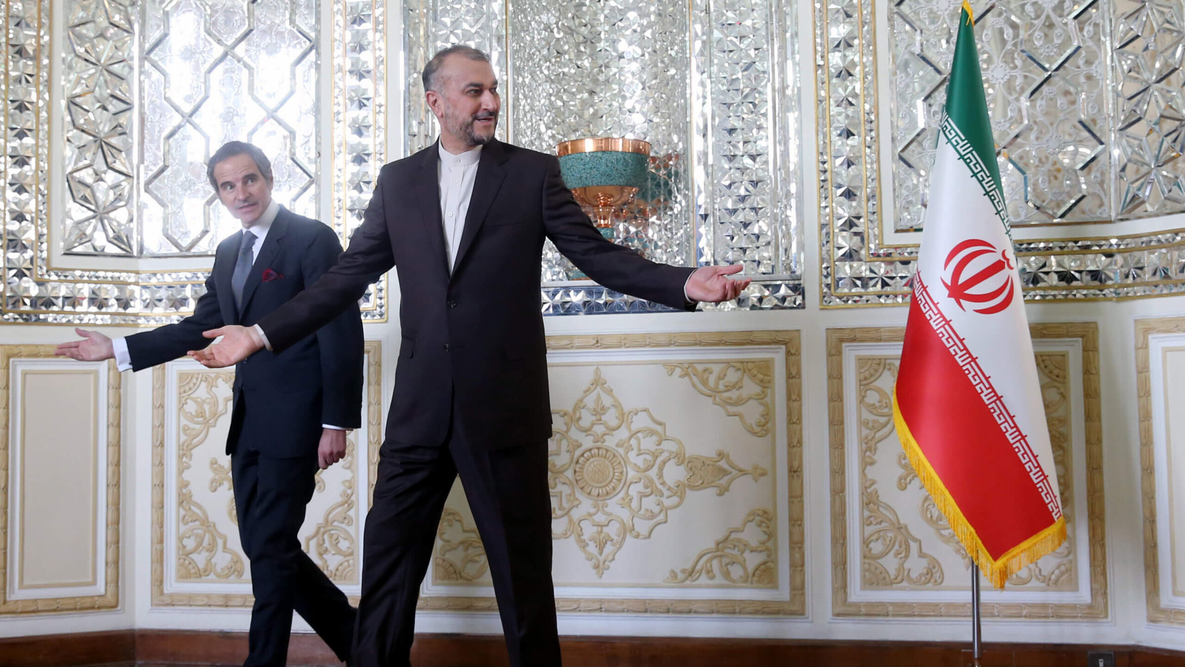 Rafael Mariano Grossi, head of the IAEA, and Iranian Foreign Minister Hossein Amirabdollahian meet on March 5, 2022 in Tehran.  