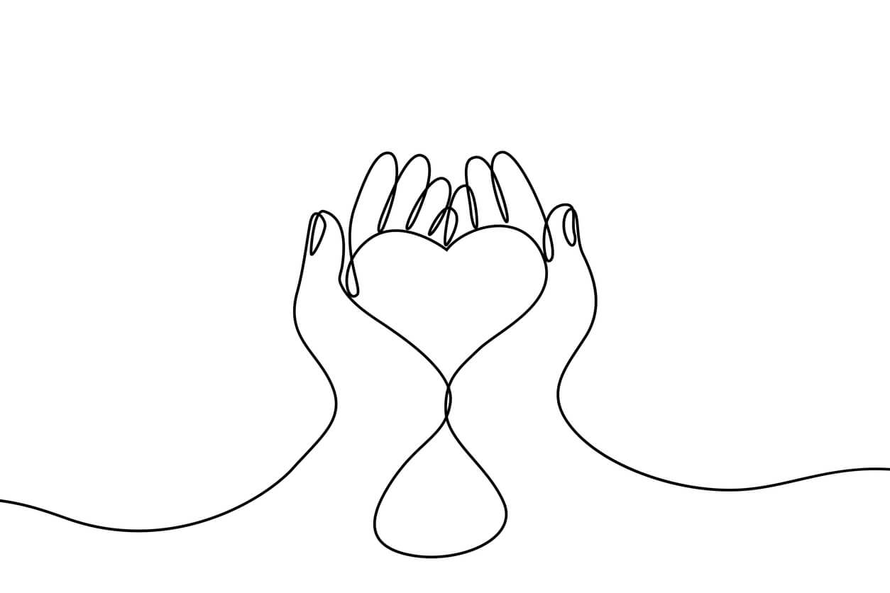 Continuous drawing line art of heart in hands