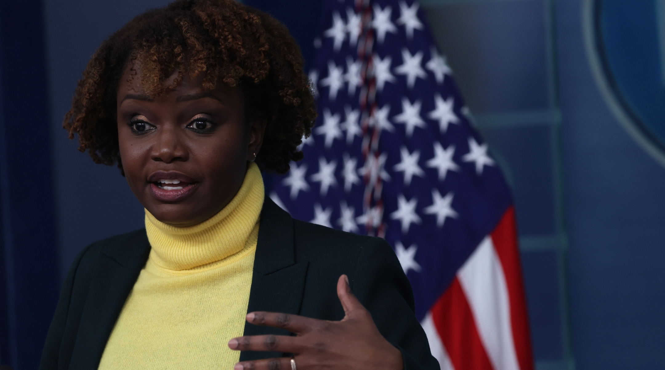 White House Principal Deputy Press Secretary Karine Jean-Pierre conducts a daily press briefing at the James S. Brady Press Briefing Room of the White House, Feb. 14, 2022. (Alex Wong/Getty Images)