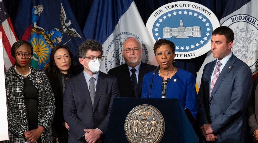 Speaker Adrienne Adams, second from right, with Council Members Nantasha Williams, Linda Lee, Lincoln Restler, Rabbi Abraham Cooper and Eric Dinowitz at a press conference discussing the Simon Wiesenthal Center’s Digital Hate Report, April 29, 2022. (John McCarten/NYC Council Media Unit)