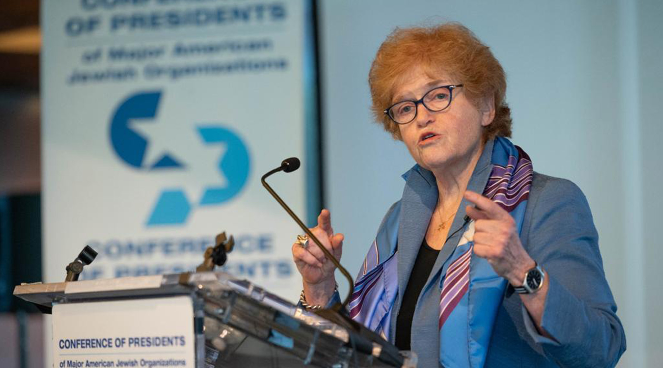 Ambassador Deborah Lipstadt speaks at a conference arranged by the Conference of Presidents of Major American Jewish Organizations at the Museum of Jewish Heritage in Manhattan in 2021.