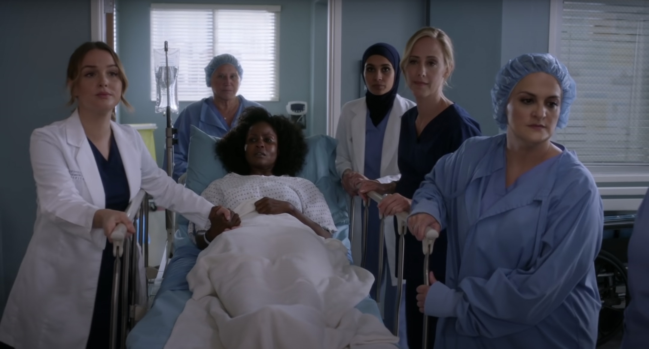TV writer Elisabeth Finch (right) as a nurse on a 2019 episode of “Grey’s Anatomy,” which she wrote allegedly inspired by her experiences as a sexual assault survivor. Recently unearthed details have cast doubt on many of Finch’s stories about her own trauma, including her claim that she had helped clean up a friend’s remains from the Tree of Life shooting. (Screenshot via ABC)