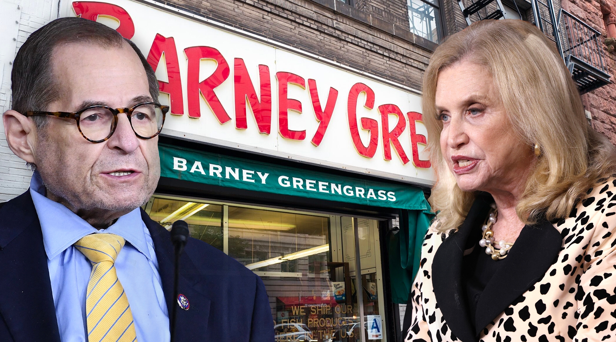 Rep. Carolyn Maloney called iconic Upper West Side deli Barney Greengrass the wrong name as she campaigns for District 12 against Rep. Jerry Nadler. (Barney Greengrass: Smith Collection/Gado/Getty Images, Kevin Dietsch/Getty Images, MANDEL NGAN/AFP via Getty Images)