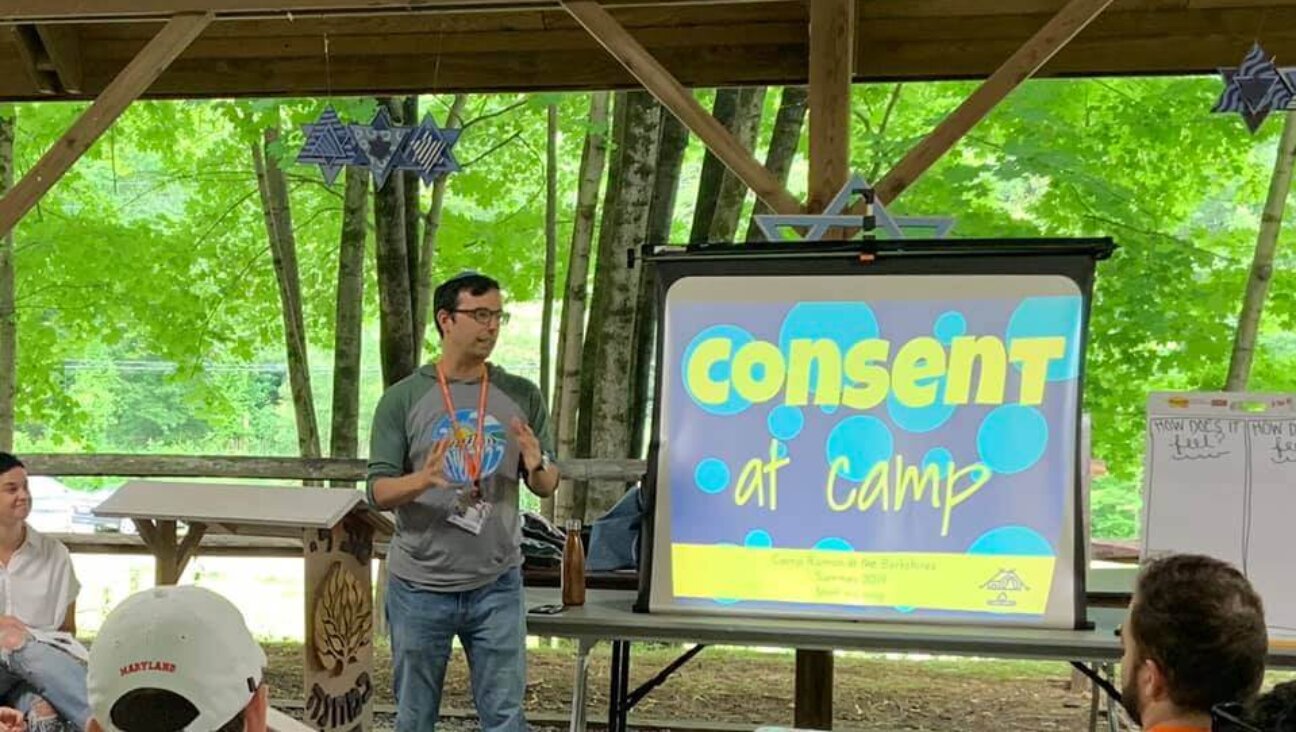 Rabbi Ethan Linden, director of Camp Ramah in the Berkshires, introduces a presentation on “consent at camp” to staff in June 2019. Linden was placed on administrative leave Friday, after a lawsuit was filed accusing him of mishandling a 2018 incident of sexual assault at the camp.
